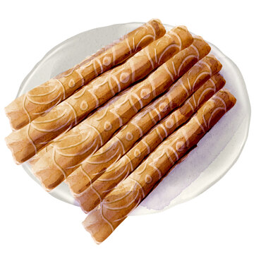 Kue semprong Indonesian traditional cake watercolor illustration