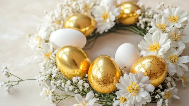 A beautifully crafted wreath made with gold foil Easter eggs, fresh white flowers and greenery, perfect for events or as a festive home decoration.