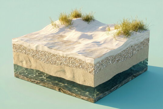 An isometric 3D render showing a beach cross-section with layers of sand, gravel, and an underground water table. Green grass tufts on top.