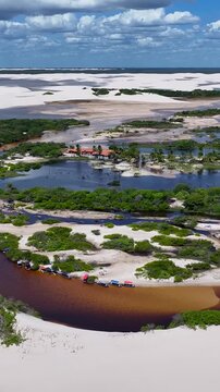 Betania Village In Santo Amaro Maranhao Brazil. Birds Eye View Of Stunning Dark River And Forest Trees. Shore Clouds Beach Sea. Shore Beach Tropical Environment. Santo Amaro Maranhao.