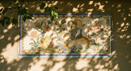 Ornate tile panel with floral and animal designs, cast in sunlight