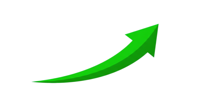 Abstract bright green flat graphic arrow with a smooth upward curve and thick stroke, on a transparent background with ample copy space, concept of upward trend and growth - Powered by Adobe
