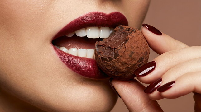 Sensual close-up of a woman's dark red lips and hand biting a rich chocolate truffle, symbolizing luxury, desire, and sweet indulgence.
