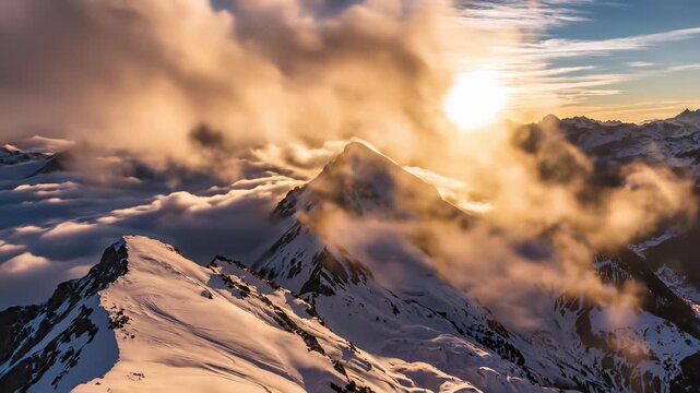 Mountainous landscapes with snow capped peaks stretching towards the sky, shrouded in misty clouds with the warm glow of sunset illuminating the horizon, majestically capturing the concept of.