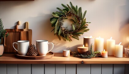 cozy kitchen shelf with mugs candles and wreaths creating a warm atmosphere