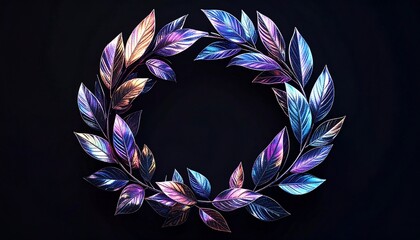 A vibrant, iridescent leafy wreath against a dark backdrop