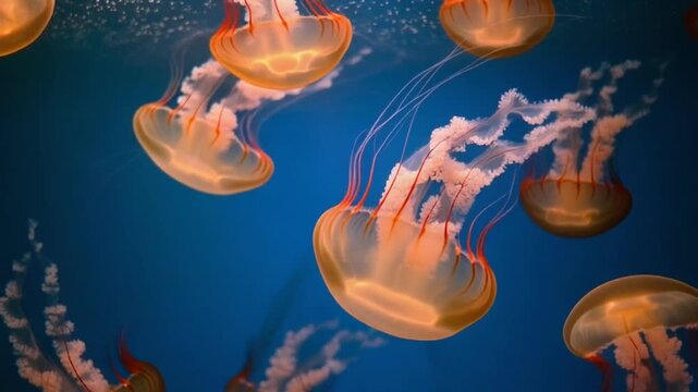 Orange jellyfish swimming in a blue water environment