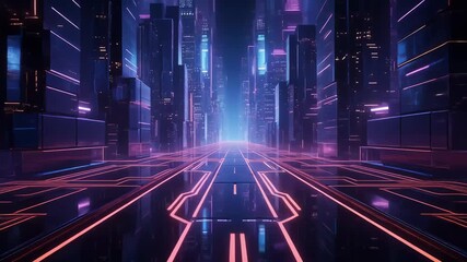 Futuristic neon cityscape tunnel with glowing circuit lines and towering digital skyscrapers , Abstract digital city at night with blue purple light trails, Dynamic sci-fi technology . - Powered by Adobe