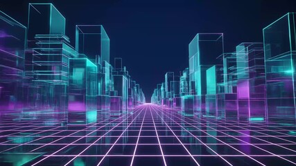 Futuristic digital cityscape with neon lights and grid lines , Abstract neon cyber city with holographic architecture and vibrant glow, Immersive sci-fi digital world rendering. - Powered by Adobe