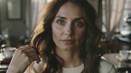 Portrait of an elegant middle aged woman with beautiful green eyes looking confidently at the camera while fixing her hair in a cafe