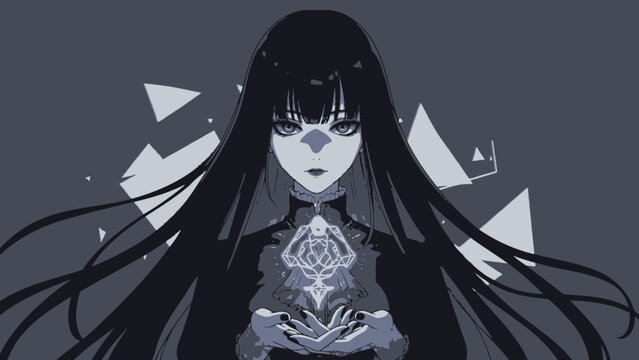 Monochromatic Anime Girl with Long Hair Holding a Glowing Orb.