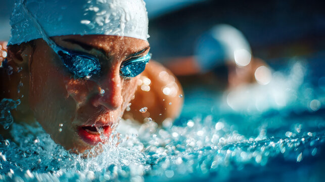 Competitive swimmer races through crystal clear water at a vibrant pool on a sunny day, showcasing focus and determination - Powered by Adobe