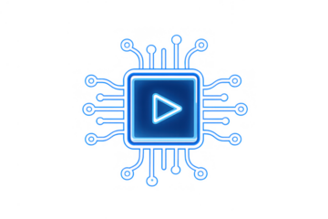 Processor chip icon with play symbol and glowing neon circuit board lines representing video processing and streaming