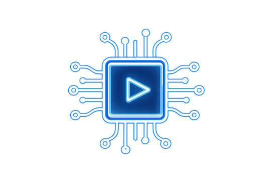 Processor chip icon with play symbol and glowing neon circuit board lines representing video processing and streaming