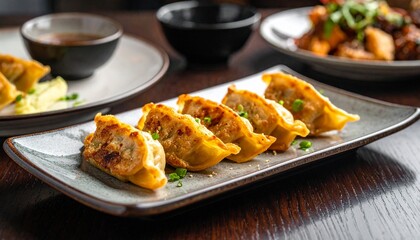 Delicious dumplings arranged on a plate with dipping sauce and other dishes around
