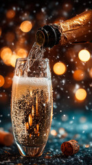 Sparkling golden champagne is poured from a bottle into an crystal flute, creating a layer of bubbles on bokeh background.