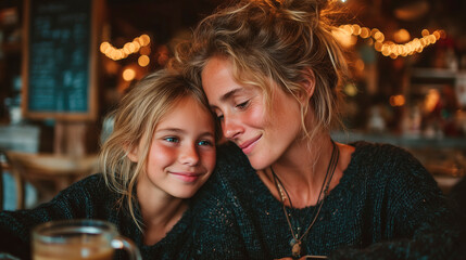 Little daughter and her mother sitting in cafe.