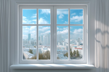 Large white window providing city view.