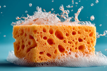 Porous yellow sponge with rich lather of soap foam and bubbles splashing around, on blue background.