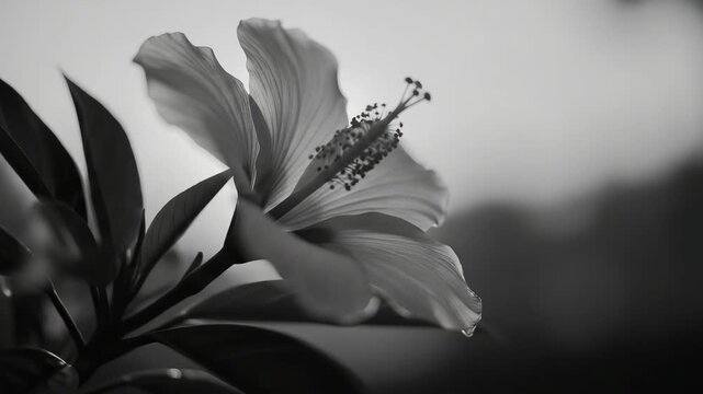 Elegant black and white close-up of a beautiful hibiscus flower with delicate petals. Its prominent stamen is highlighted by soft natural light, conveying tranquility and botanical beauty