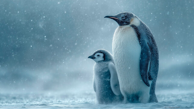 An adult Emperor penguin and its fluffy chick stand together in a serene, snow-covered Antarctic landscape during a soft snowfall. - Powered by Adobe