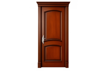 Wooden interior door with classic design, elegant mahogany finish, isolated on transparent background, featuring antique style handle