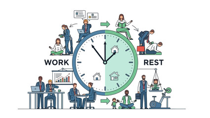 Worklife balance illustration showing time management between work and rest.