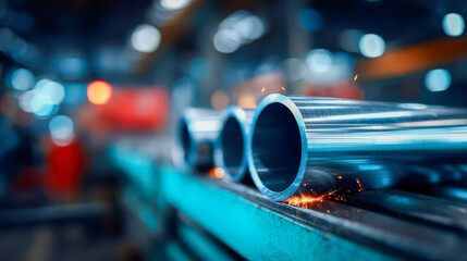Metal pipes being expertly processed in a busy factory with vibrant sparks flying during late afternoon hours