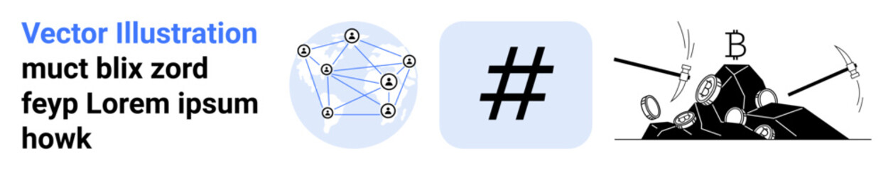 Obraz premium Blockchain network nodes linked, metadata tag symbol, tools mining cryptocurrency on rock. Ideal for blockchain, cryptocurrency, coding, technology, decentralized system, data security simple