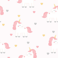 Cute unicorn and hearts seamless pattern. Vector illustration for kids.  It can be used for wallpapers, wrapping, cards, patterns for clothes and other.