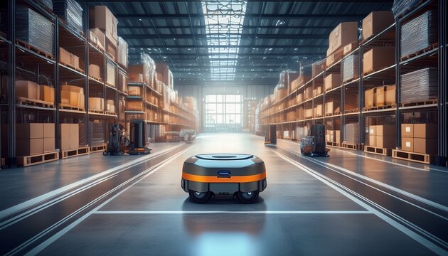 autonomous mobile robot navigating a modern warehouse optimizing logistics and efficiency - Powered by Adobe