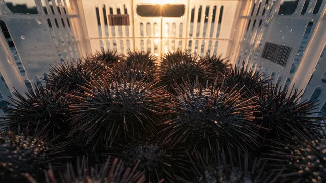 Freshly harvested sea urchins fill a white plastic crate, showcasing their spiky texture. These spiny marine delicacies glisten with water droplets, ready for market and culinary use