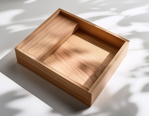 opened wooden plywood box mockup on white table with shadows 3d rendering