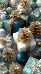 Enchanting blue gift composition with golden details, champagne glasses and snow bokeh, great background for holiday season sales and winter campaigns