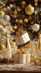 Golden gift box and champagne flutes surrounded by glowing bokeh and festive glitter.