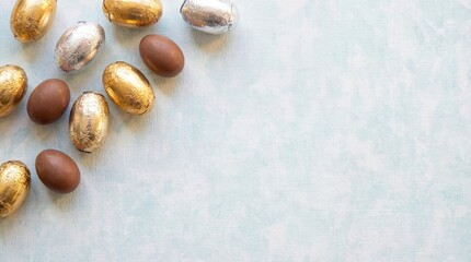 Obraz premium Shiny gold and silver chocolate eggs scattered on blue surface. Easter holiday treats and festive confectionery. Spring celebration concept and seasonal decorations.