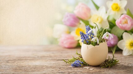 Cracked easter egg filled with delicate spring flowers including blue hyacinths white snowdrops and moss on wooden surface. Colorful tulips and daffodils in background. Easter holiday concept