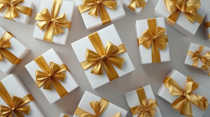 A row of elegant white gift boxes with gold bows, a minimalist, luxury-style flatlay for holiday advertising and branding.