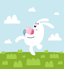 Happy Easter bunny jumping on green meadow holding colorful eggs. Cute flat vector illustration with spring sky and clouds.