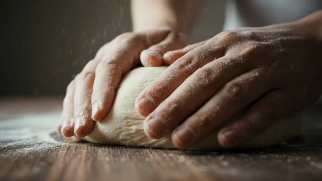 Adult hands kneading fresh dough on a rustic wooden table. Flour dust falls during the preparation of homemade bread or pastry. Capturing the essence of traditional baking and culinary craft