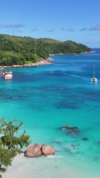 Anse Lazio In Praslin Island Victoria Seychelles. Stunning Tropical Coastline Beach Scene Viewed From Above. Deserted Landscape Heaven Beautiful. Deserted Coast. Praslin Island Victoria.