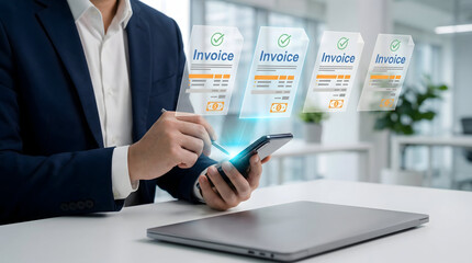 Businessman using smartphone to manage digital invoices with holographic icons
