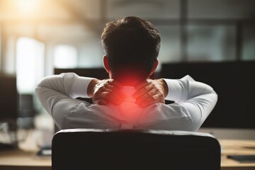 Office worker holding a painful neck with red heat highlight, perfect for ergonomics, posture correction and physiotherapy advertising.