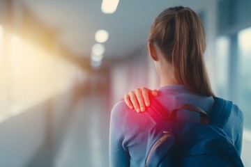 Stress-driven neck tension in office environment with highlighted pain zone, ideal for wellness apps and physiotherapy websites.