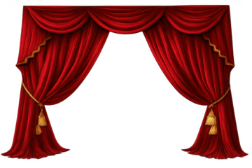 Red velvet theater curtains with golden tassels opening for a performance or luxury event on transparent background