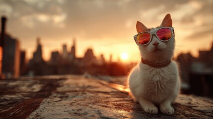 Cat wearing sunglasses sits on rooftop at sunset with city skyline in background