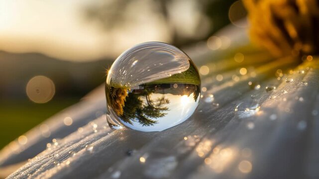 A clear water droplet reflects an inverted natural landscape on a textured surface. Golden hour light illuminates tiny dewdrops, creating a serene and beautiful moment