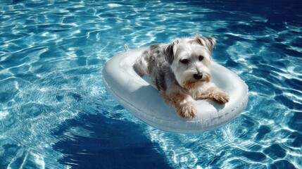 Dog relaxing on a float in a swimming pool on a sunny day enjoying the water and summer fun