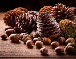 a close up of a table covered in pine cones and acorns