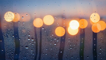 raindrops on a foggy window with soft bokeh lights in the background